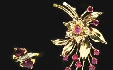 LOT OF 2: 14K GOLD TIFFANY RUBY BROOCH AND RING.