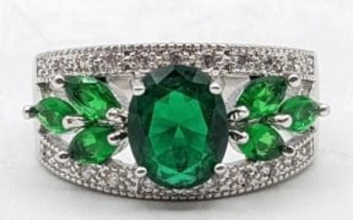 Ladies Sterling White Sapphire & Emerald Ring