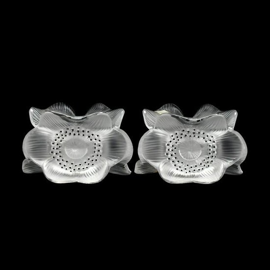 Lalique, Pair of Anemone Crystal Candlesticks