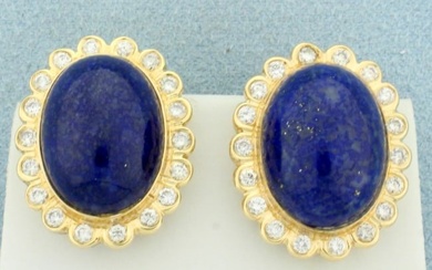 Lapis Lazuli And Diamond Halo Button Earrings in 14k Yellow Gold