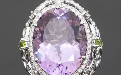 Large Amethyst Ring with Diamonds - 14 kt. White gold - Ring - 16.68 ct Amethyst - 1.51ct E/VS Diamonds + 0.44ct peridot