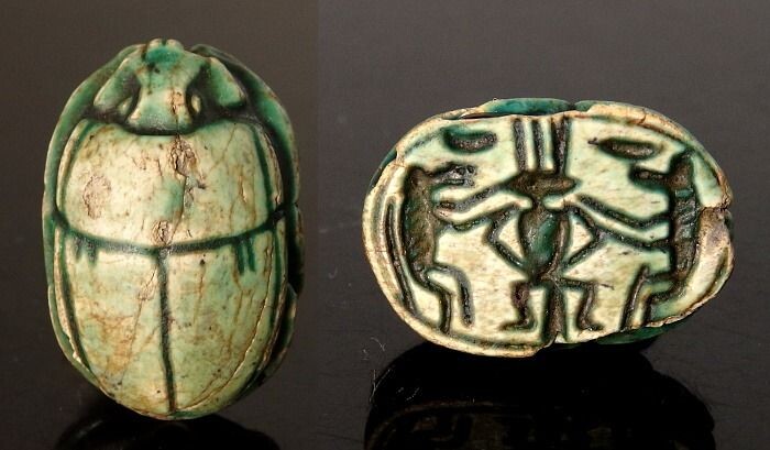 Large Egyptian Green/Blue Glazed Steatite Scarab With Baboons Adoring Bes - 23mm length