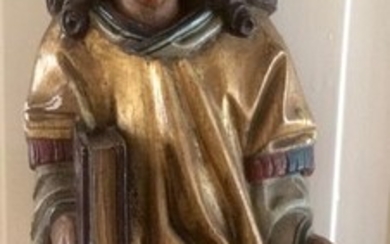 Large antique saint statue, possibly the apostle John - Gothic Style - Wood polychrome gilded - Mid 19th century