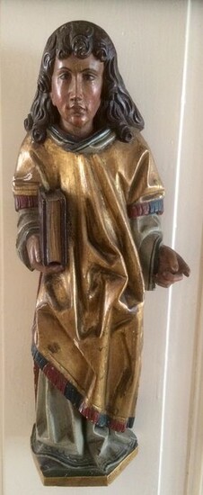 Large antique saint statue, possibly the apostle John - Gothic Style - Wood polychrome gilded - Mid 19th century