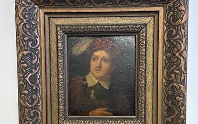 Late 18th early 19th c oil on wood panel of Gentleman in red cap with plume, unsigned, from fine NYC