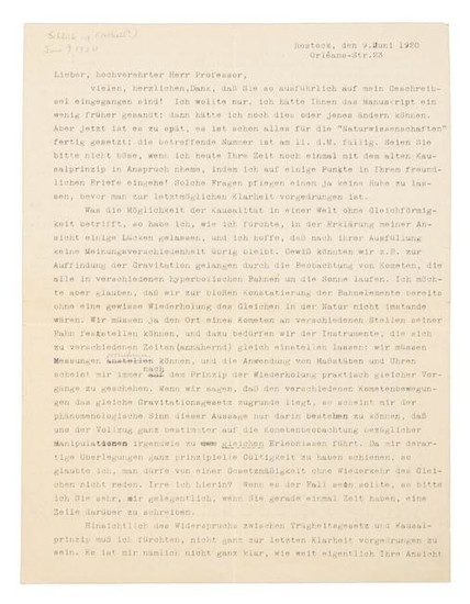 Letter to Einstein from Moritz Schlick about physics
