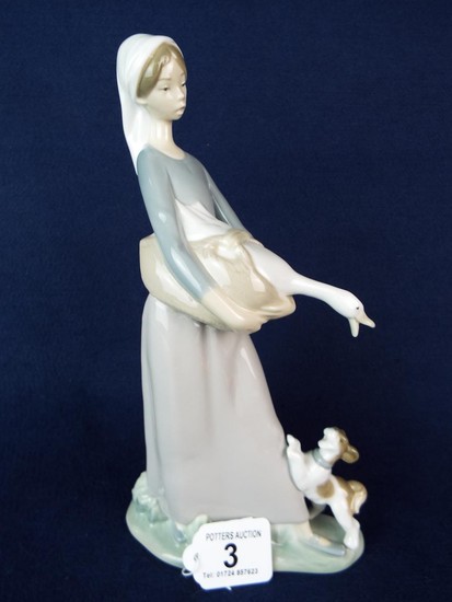 Lladro figurine of a young girl holding a goose, naughty puppy in attendance. 10 inches tall in excellent condition.