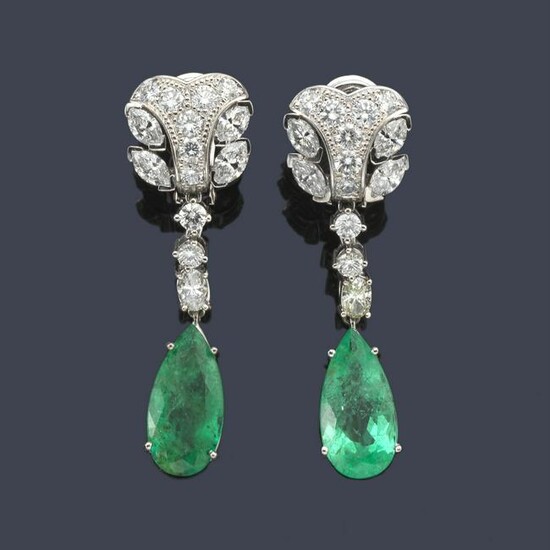 Long earrings with Colombian emeralds.