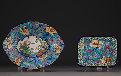 Longwy - Set of two earthenware and enamel dishes decorated...