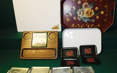Lot of Hand Painted, Tole, Enamel Trays & Cutting Board