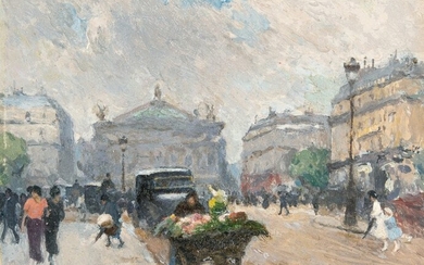 Louis Marie de Schryver 1862 – Paris – 1942 Street scene with flower seller by the Paris Opera House