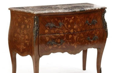 Louis XV Style Ormolu Mounted Marquetry Bombé Commode with Marble Top