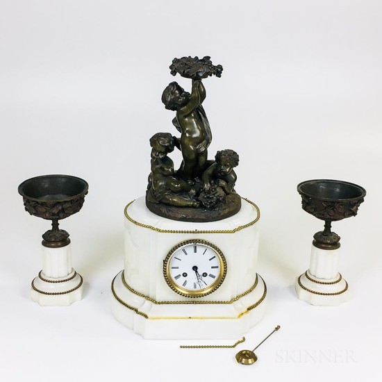 Louis XVI-style Three-piece Alabaster and Bronze Clock Garniture, France, 19th century, ht. 19 1/2 in.