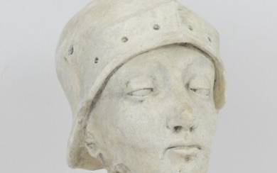 M. MARRON : Jeanne d'Arc. Epreuve en plâtre patiné modelé sur terrasse quadrangulaire. Signée sur...