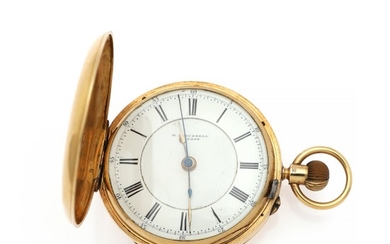 M.J. Russel 18k gold half-hunter and pin-set pocket watch. Dial and movement signed. 1890s. Weight 131 g. Case diam. 50 mm.