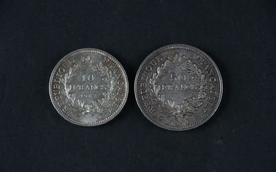 MONNAIES d'ARGENT (2) : 1 x 50 Francs Hercule, 1977 et 1 x 10 francs...