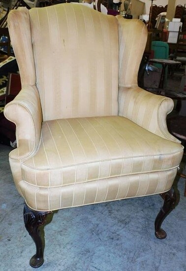 Mahogany Carved Upholstered Wing Chair