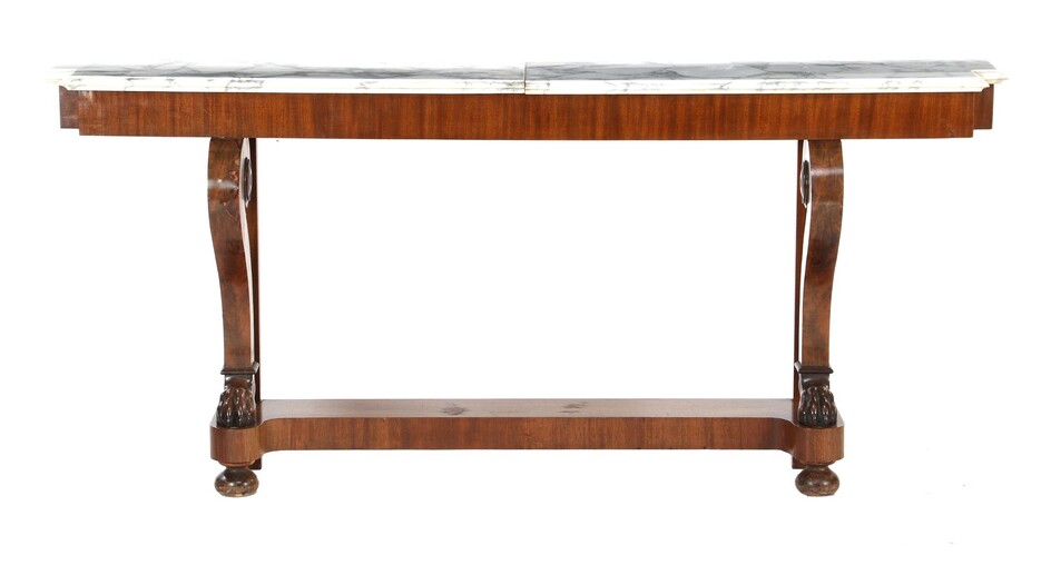 (-), Mahogany veneer console table/trumeau with 2-piece marble...
