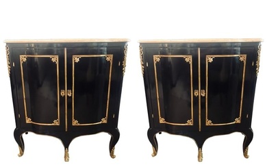 Maison Jansen Style, Hollywood Regency, Commodes, Black Lacquer, Marble, 1950s