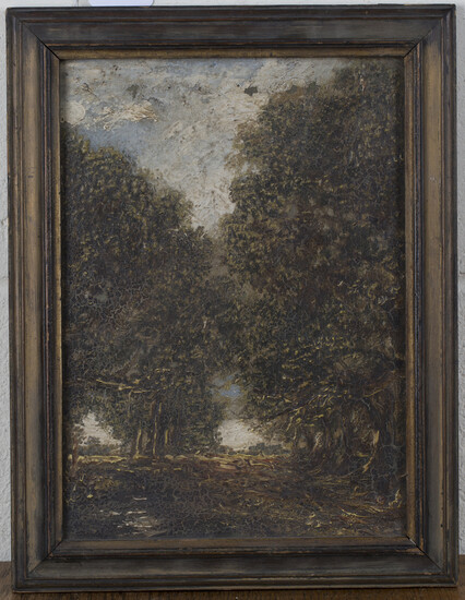 Manner of John Constable - View through an Avenue of Trees, 19th century oil on board, bears remnant