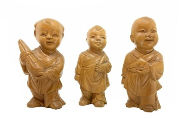 Maple wood sculptures of three Chinese children