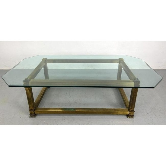 Mastercraft Style Glass and Brass Coffee Table. Heavy metal base. Thick Glass Top.