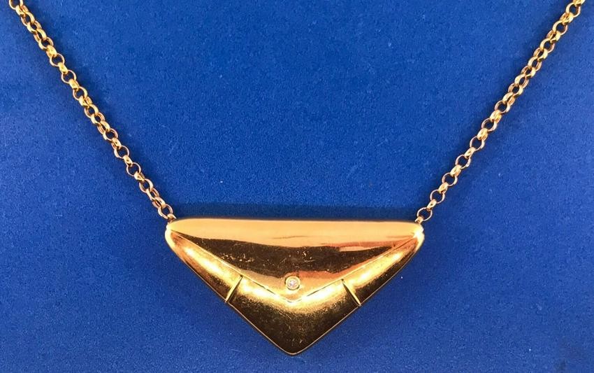 Mechanical 18k Yellow Gold & Diamond Envelope Necklace
