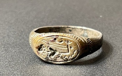 Medieval, Crusaders Era Silver Excellent Ring with an interesting image of a Serpent attacking a Sea Horse in very Abstractive
