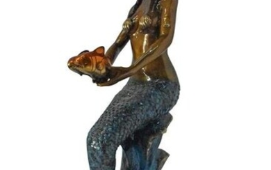 Mermaid Holding Two Fish Bronze Statue Color Finish