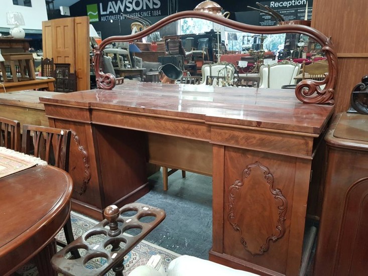 Mid 19th Century Mahogany Pedestal Sideboard, with low mirrored back, three drawers & two raised panel doors (2 x Keys in Office)