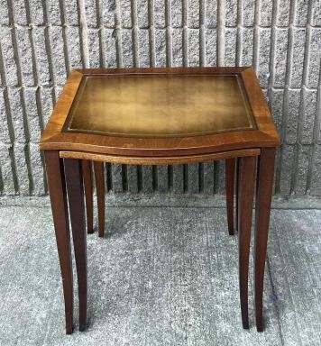 Mid C Cross Banded Leather Top Nesting Tables