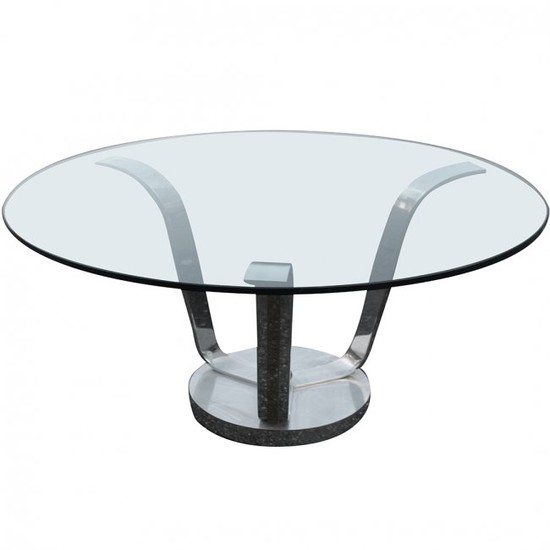 Milo Baughman Style Heavy Flat Bar Round Table w/ Glass