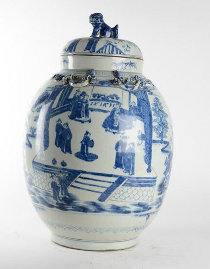 Ming Dynasty Porcelain Lidded Vase W/Court Scene