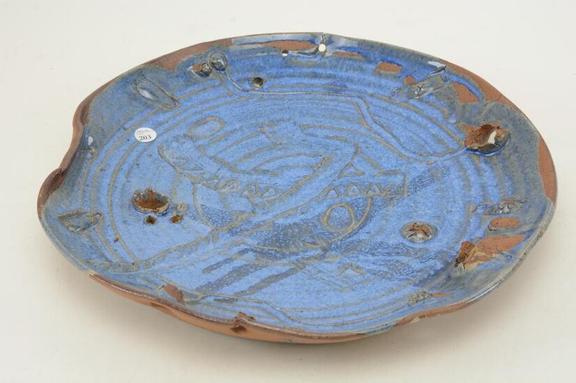 Modern studio art pottery charger with blue glaze and