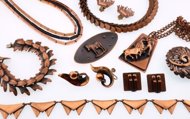 Modernist Jewelry; Group of Copper Bracelets, Earrings, Etc.