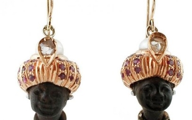 Moretto Earrings Ebony, Diamonds, Rubies, Pearls, Gold