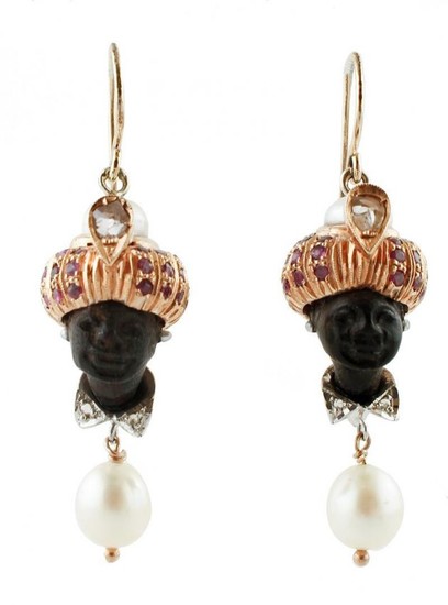 Moretto Earrings Ebony, Diamonds, Rubies, Pearls, Gold