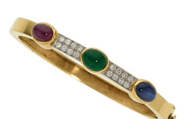Multi-Stone, Diamond, Gold Bracelet The hinged bangle features oval-shaped...