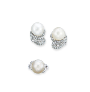 NATURAL PEARL AND DIAMOND RING AND EARRING SET