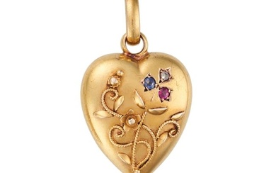 NO RESERVE - AN ANTIQUE RUBY, SAPPHIRE AND DIAMOND HEART CHARM / PENDANT in 18ct yellow gold