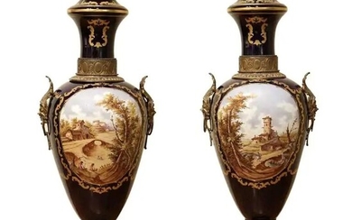 Napoleon III Blue Lidded Vases with Hand painted Landscapes and bronze handles