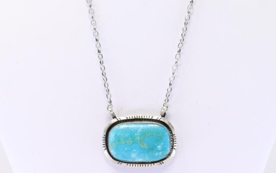 Native America Navajo Handmade Sterling Silver Kingman Turquoise Necklace By Alfred Martinez.
