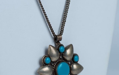 Native American Silver Nickel Faux Turquoise Floral Necklace