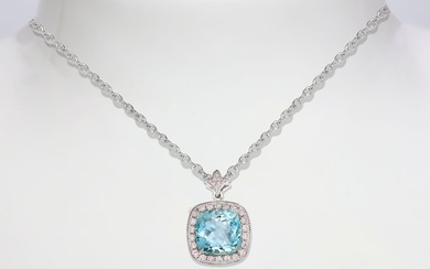 No Reserve Price - IGI 4.27 tw - Necklace with pendant - 14 kt. White gold Aquamarine - Diamond