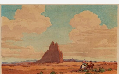 Norma Bassett Hall "Navajo Land" Color Woodcut
