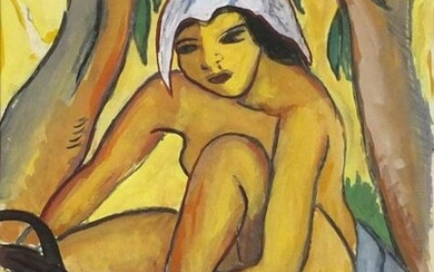 Nude Middle Eastern girl, gouache, mounted, framed and