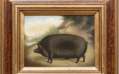 OIL ON CANVAS, H 11" W 15" PIG IN LANDSCAPE