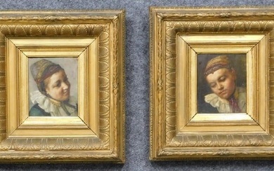 Oil on Mahogany Portrait Pair of Young Women