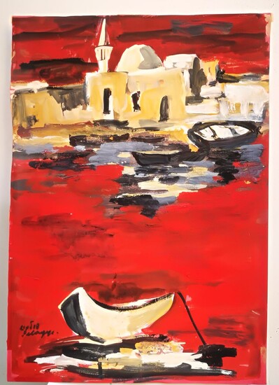 Oil painting on red paper, high quality heavy oil, high quality painting, without frame signed, Israeli artist signed in Hebrew, unknown artist. Dimensions 50 * 35 cm approximately