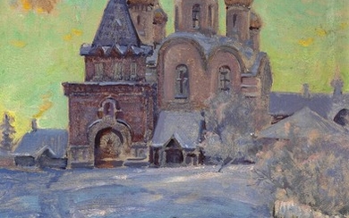 Olga Alexandrovna: Russian winter landscape with an onion domed church in the evening sun. Signed Olga. Oil on cardboard. 33×24 cm.